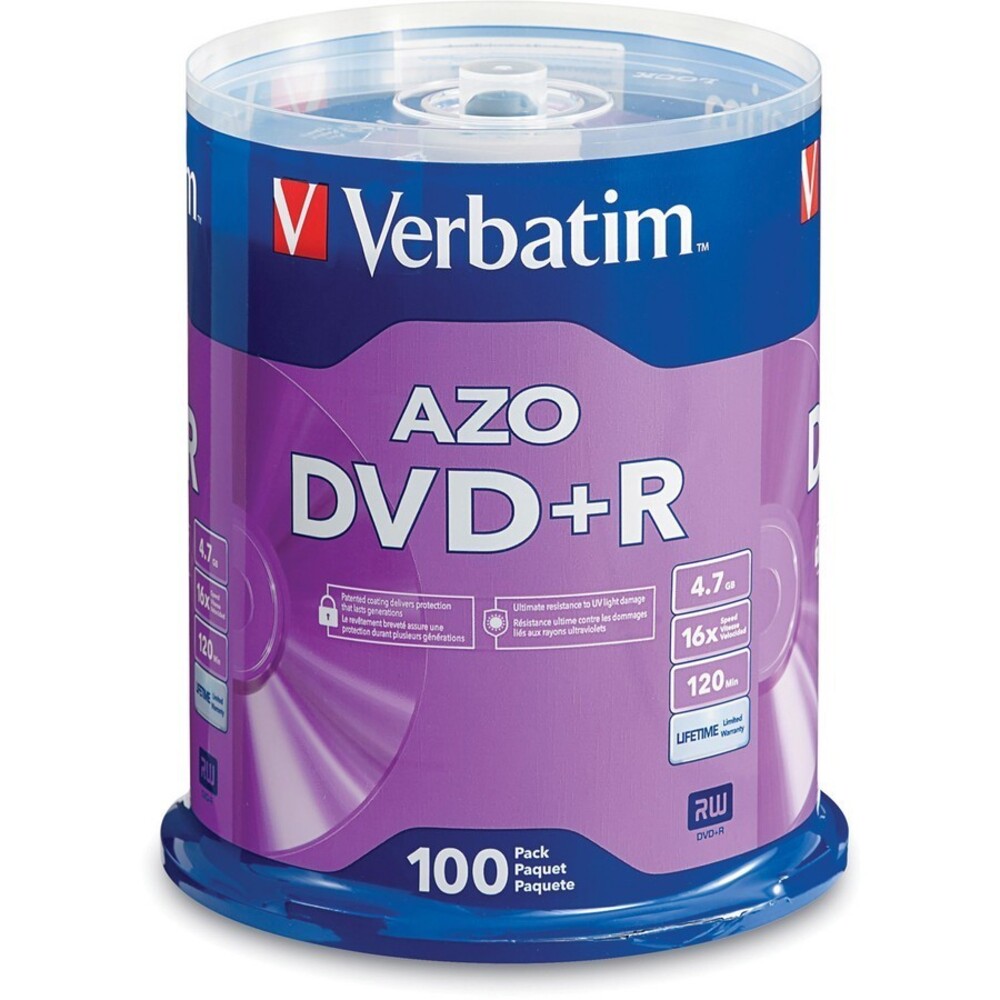 Verbatim 95098 AZO DVD+R 4.7GB 16X 120Min 100-Pack Spindle Blank Discs New